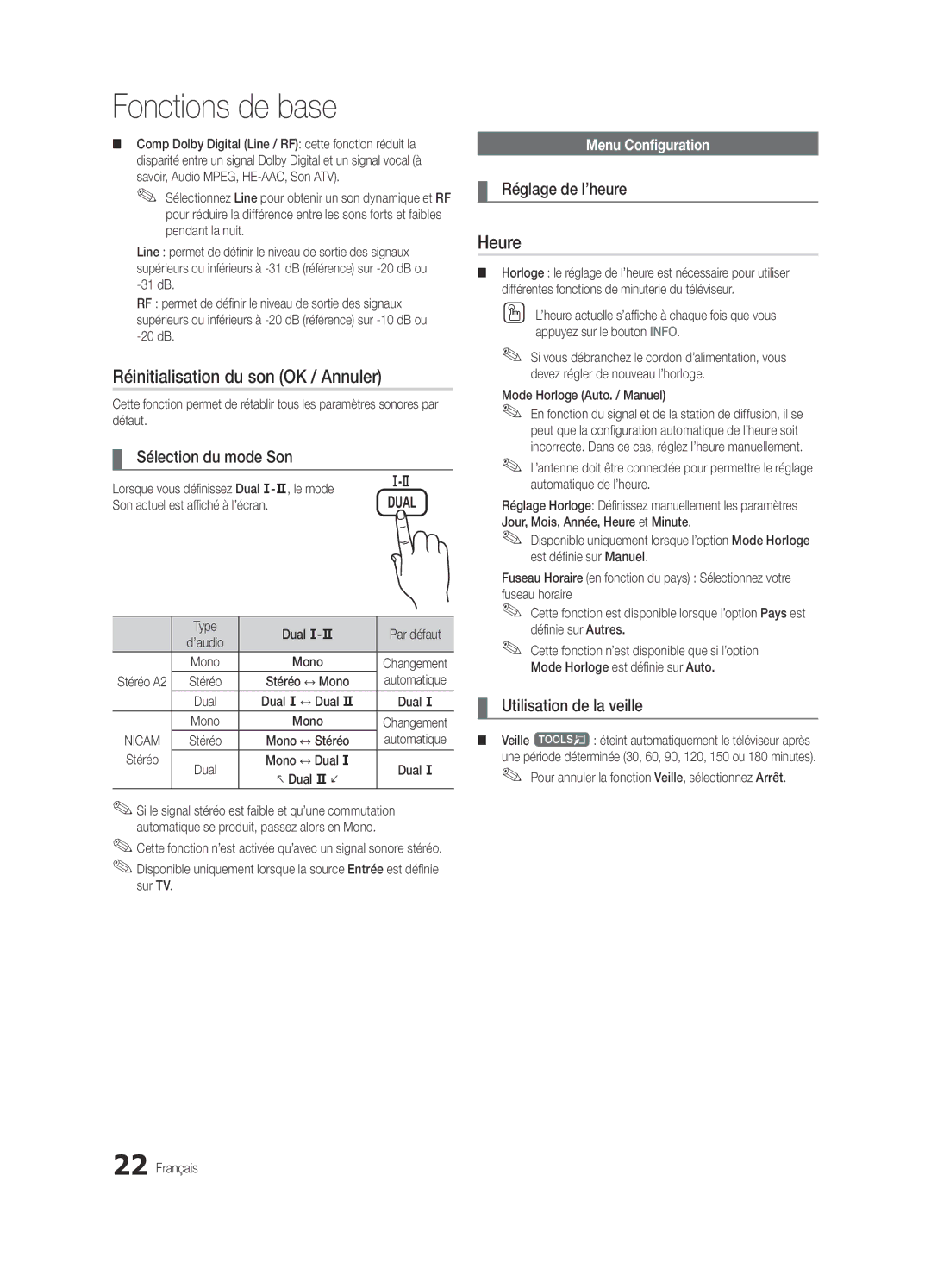 Samsung UE40C6880USXZG manual Réinitialisation du son OK / Annuler, Heure, Sélection du mode Son, Réglage de l’heure 