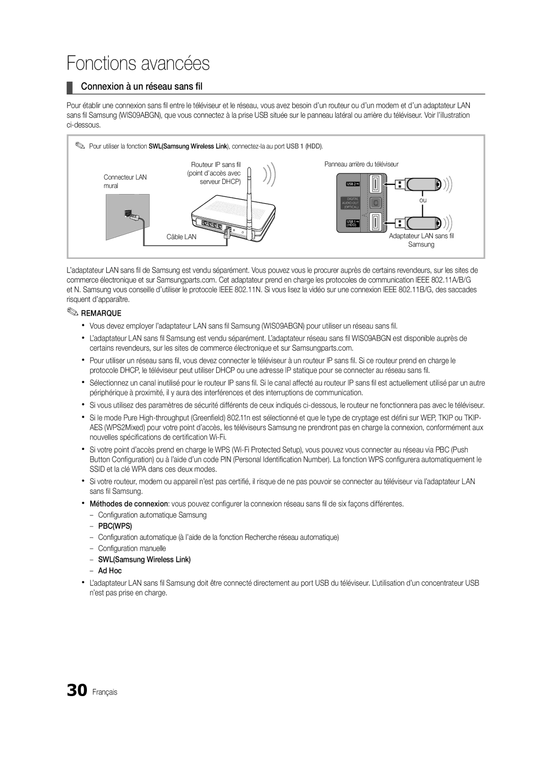 Samsung UE37C6820USXZF, UE37C6800USXZG, UE37C6820USXZG, UE32C6820USXZG, UE46C6820USXZG Connexion à un réseau sans fil, Pbcwps 