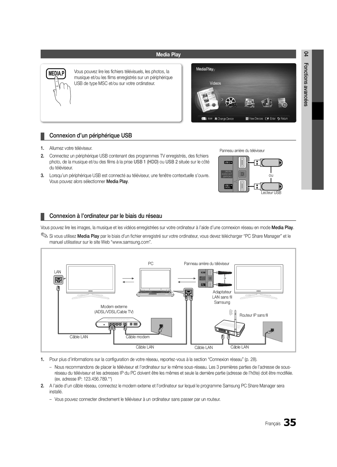 Samsung UE37C6800USXZF manual Connexion d’un périphérique USB, Connexion à l’ordinateur par le biais du réseau, Lecteur USB 