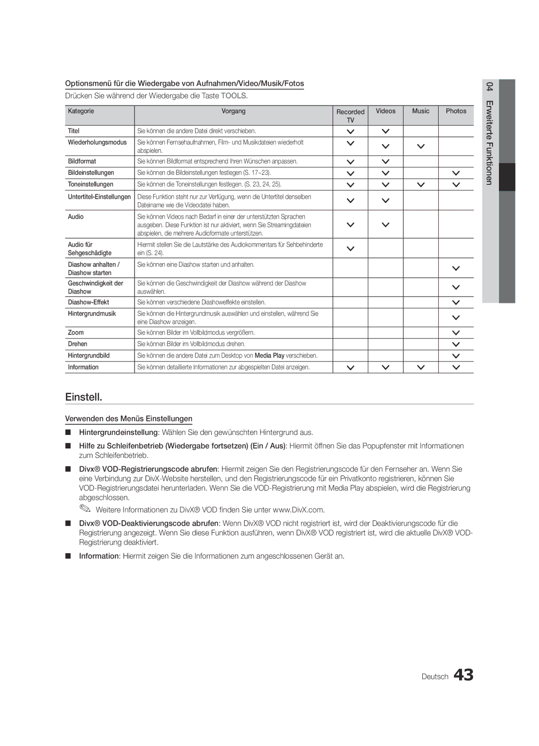 Samsung UE40C6820USXZG, UE37C6800USXZG manual Einstell, Abspielen Bildformat, Dateiname wie die Videodatei haben Audio 