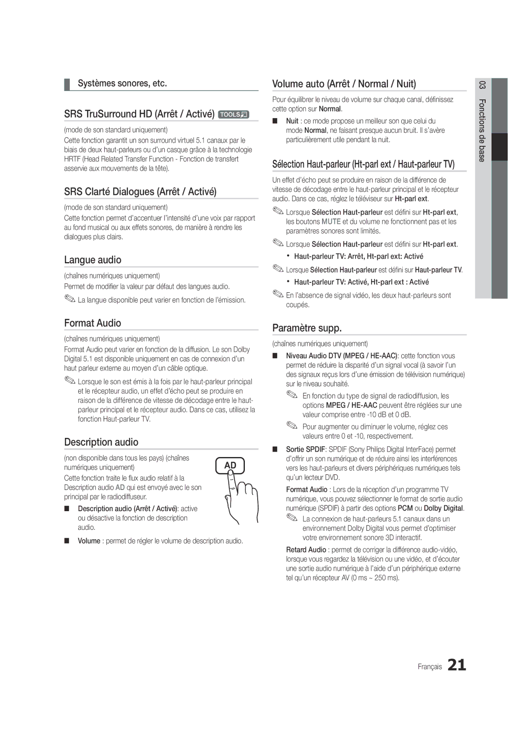 Samsung UE40C6820USXZG manual SRS TruSurround HD Arrêt / Activé t, SRS Clarté Dialogues Arrêt / Activé, Langue audio 