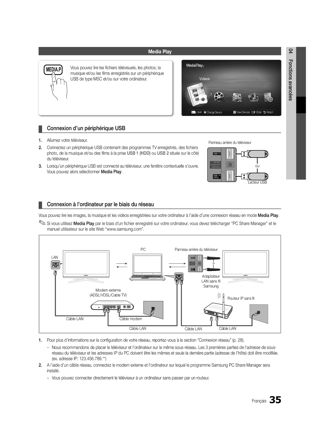 Samsung UE46C6820USXZF manual Connexion d’un périphérique USB, Connexion à l’ordinateur par le biais du réseau, Lecteur USB 