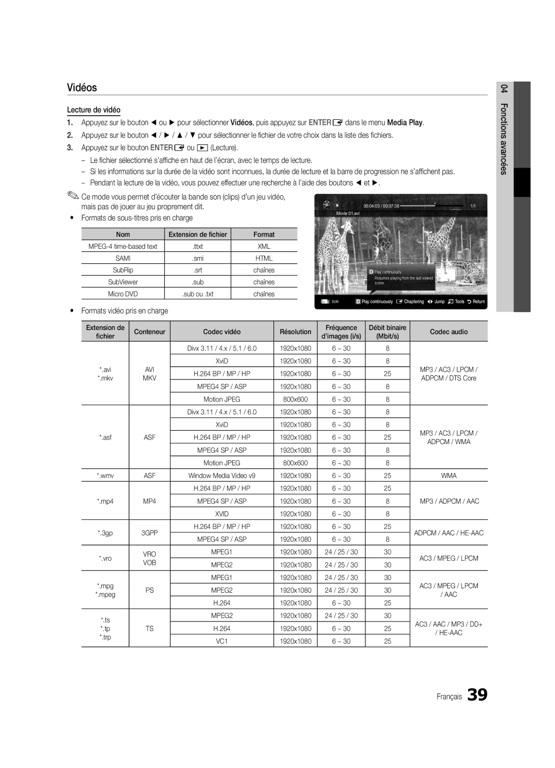 Samsung UE46C6820USXZG Vidéos, Mais pas de jouer au jeu proprement dit, Yy Formats de sous-titres pris en charge, Nom 