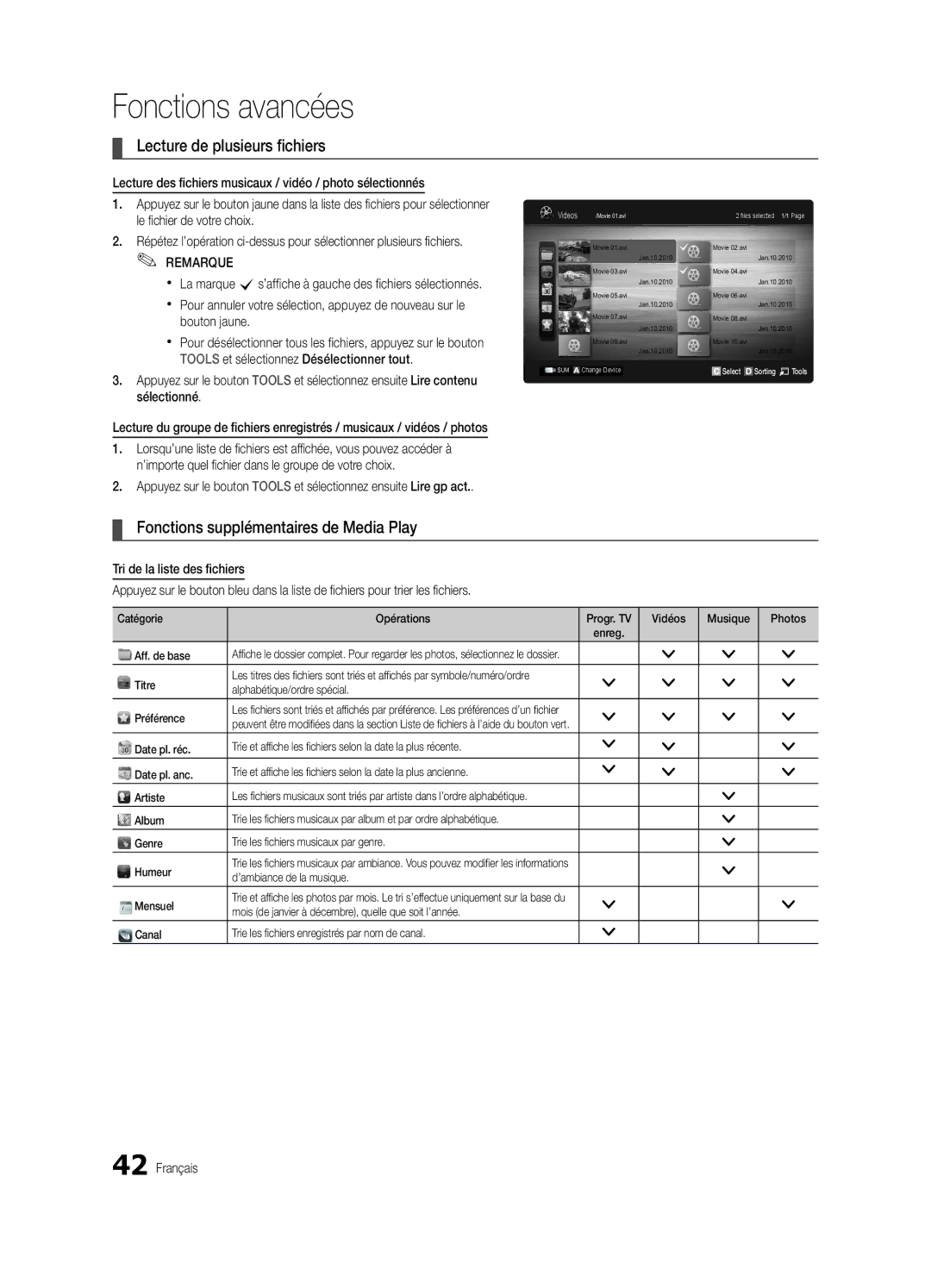 Samsung UE40C6800USXZG, UE37C6800USXZG manual Lecture de plusieurs fichiers, Fonctions supplémentaires de Media Play 