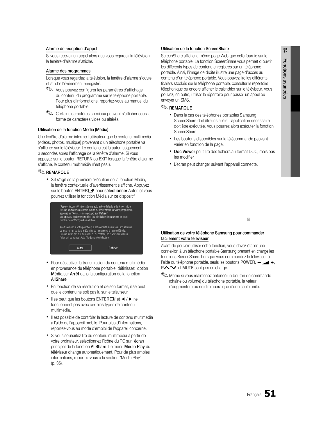 Samsung UE40C6820USXZG, UE37C6800USXZG manual Utilisation de la fonction Media Média, Utilisation de la fonction ScreenShare 