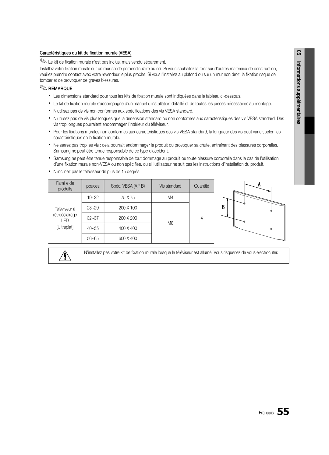 Samsung UE46C6820USXZF, UE37C6800USXZG manual Xx N’inclinez pas le téléviseur de plus de 15 degrés, Quantité, 19~22, 40~55 