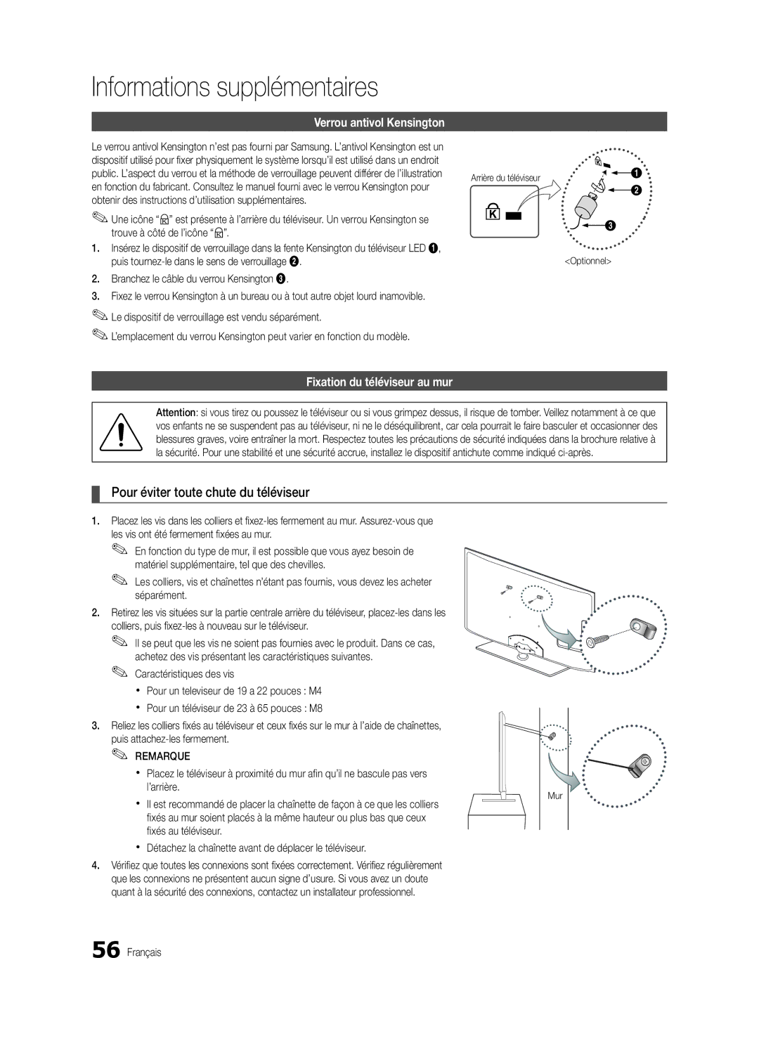 Samsung UE37C6800USXZG Pour éviter toute chute du téléviseur, Verrou antivol Kensington, Fixation du téléviseur au mur 