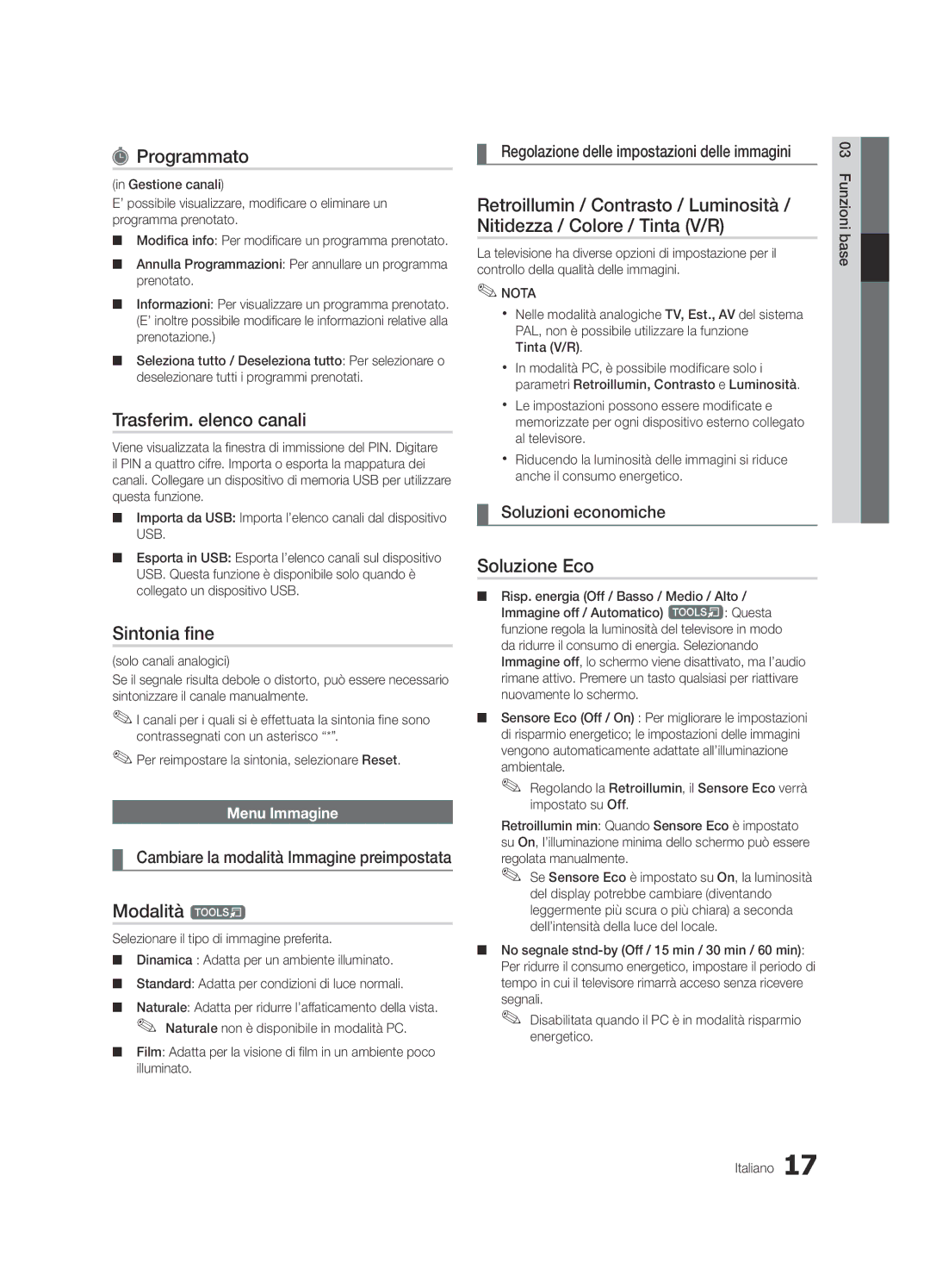 Samsung UE46C6820USXZG, UE37C6800USXZG Programmato, Trasferim. elenco canali, Sintonia fine, Modalità t, Soluzione Eco 