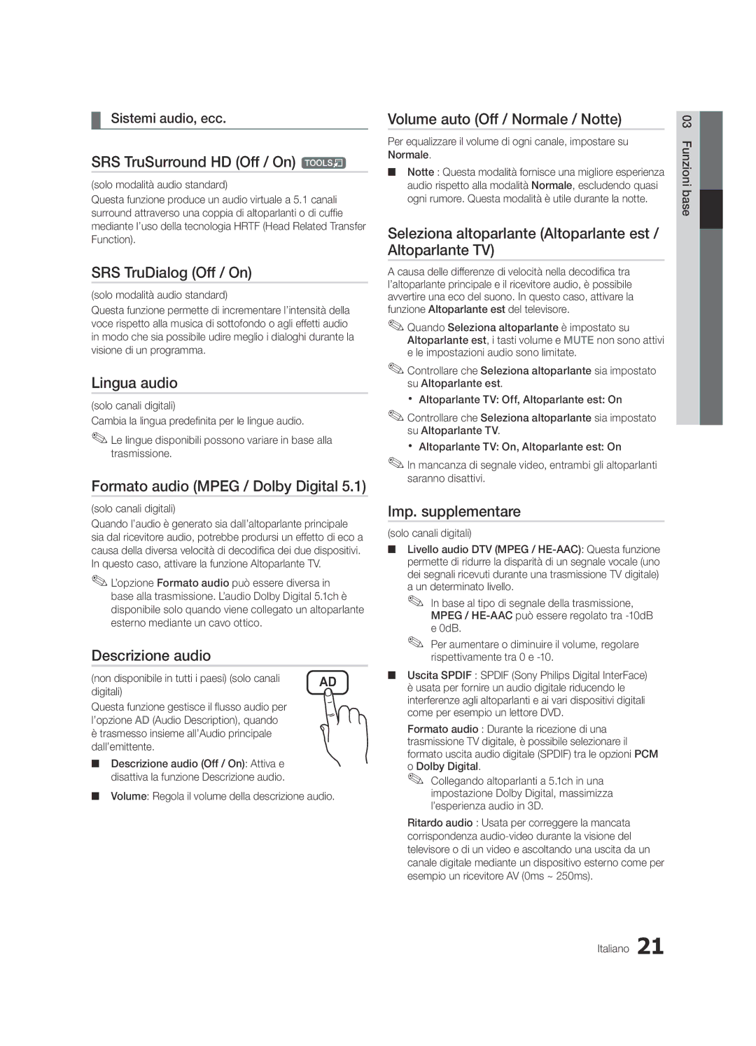 Samsung UE32C6800USXZG manual Lingua audio, Formato audio Mpeg / Dolby Digital, Descrizione audio, Imp. supplementare 