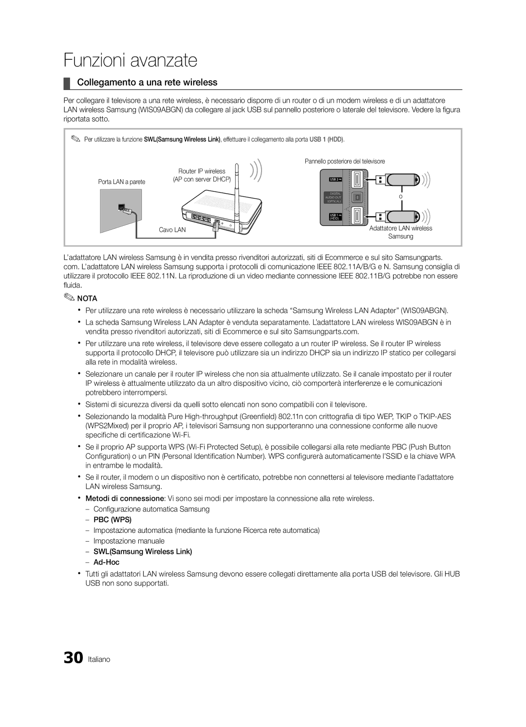 Samsung UE40C6800USXZG, UE37C6800USXZG manual Collegamento a una rete wireless, Porta LAN a parete AP con server Dhcp 