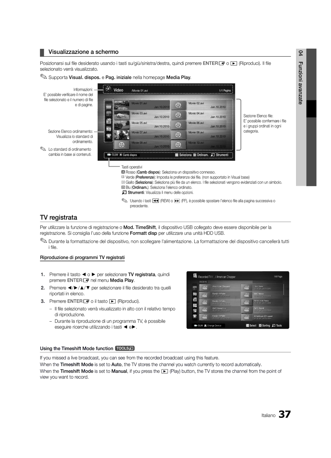 Samsung UE46C6820USXZG manual TV registrata, Visualizzazione a schermo, Avanzate, Premere Enter Enel menu Media Play 