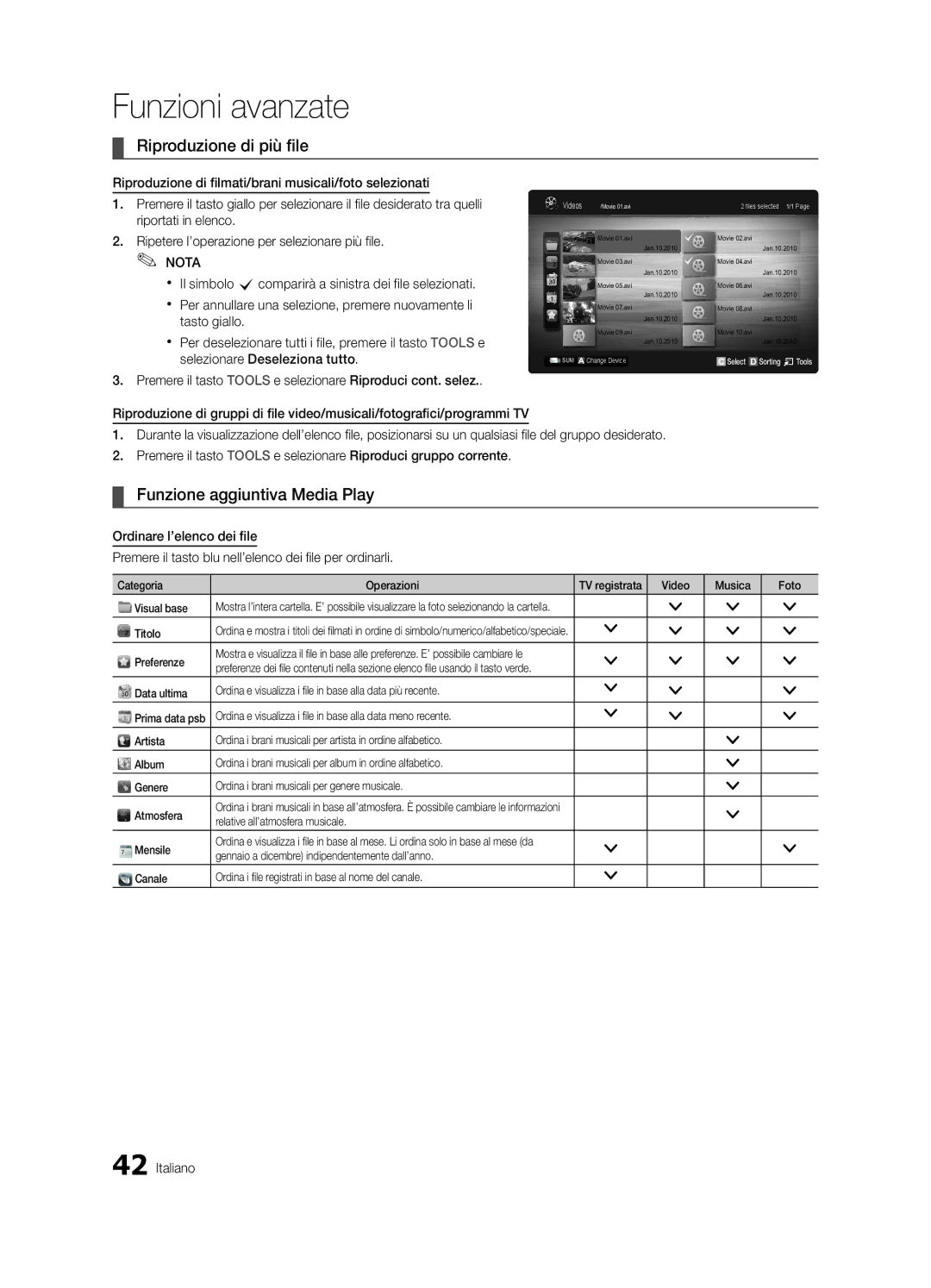 Samsung UE40C6800USXZF, UE37C6800USXZG, UE37C6820USXZG manual Riproduzione di più file, Funzione aggiuntiva Media Play 