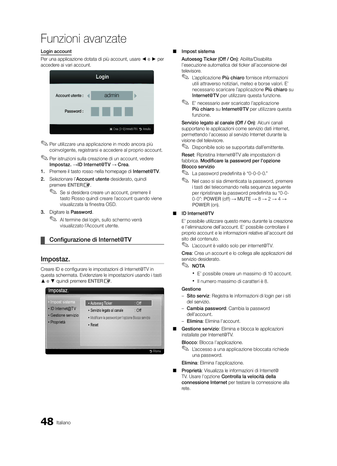 Samsung UE46C6800USXZG manual Configurazione di Internet@TV, Account utente, ID Internet@TV Gestione servizio Proprietà 