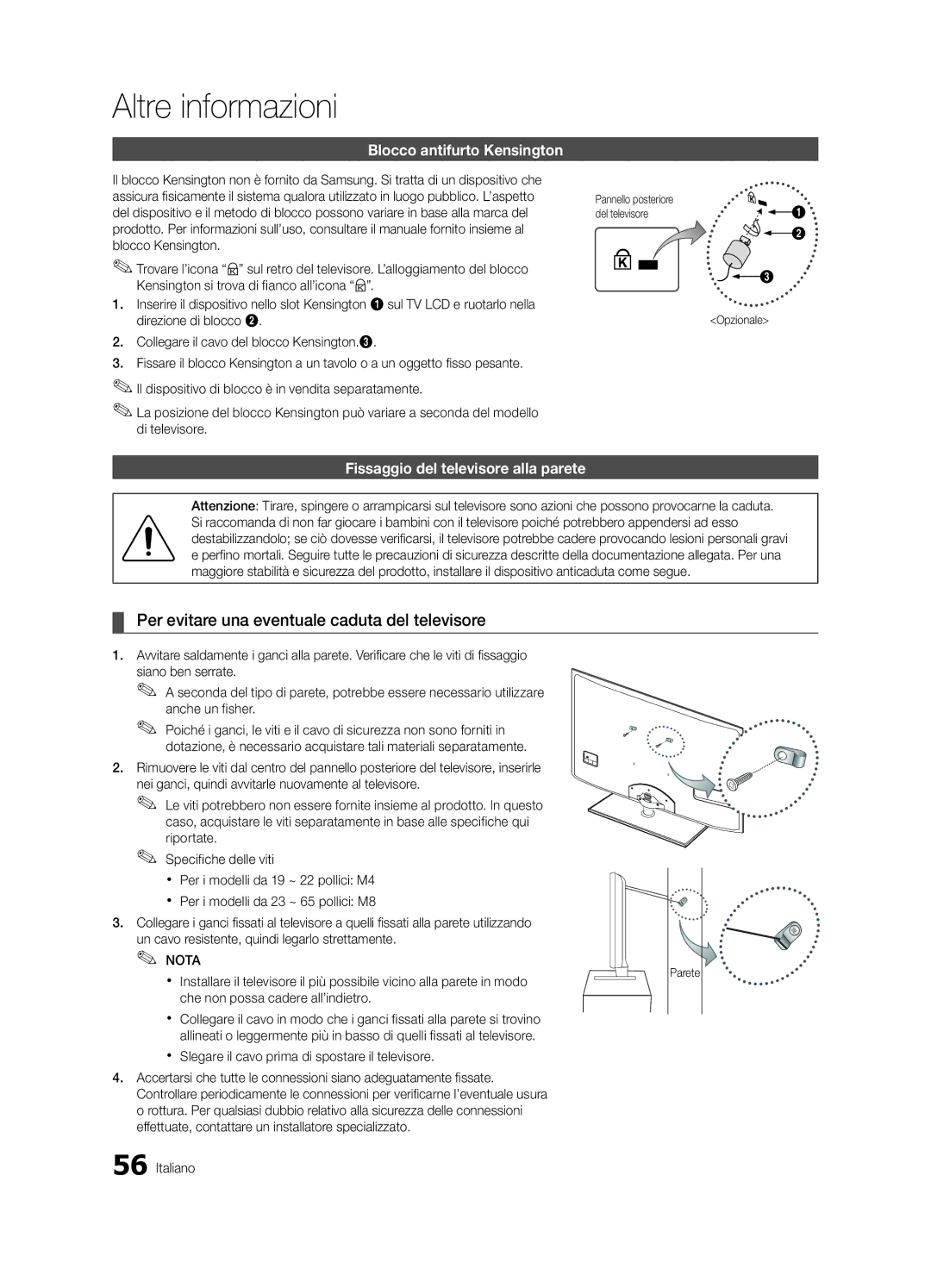 Samsung UE32C6820USXZG, UE37C6800USXZG manual Per evitare una eventuale caduta del televisore, Blocco antifurto Kensington 