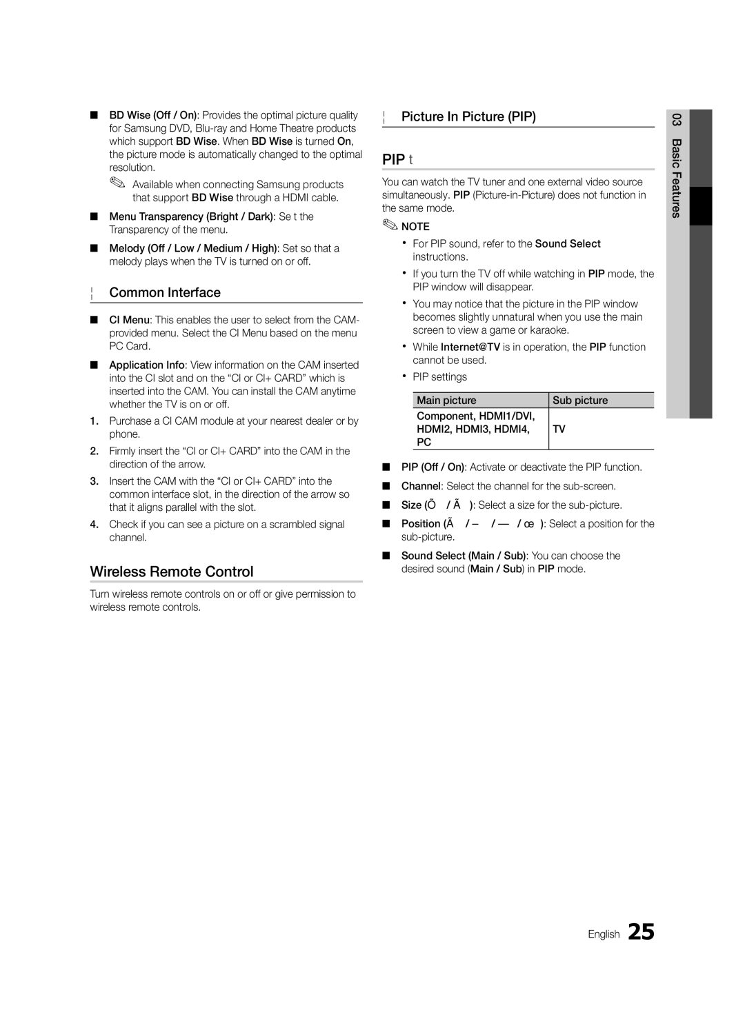 Samsung UE40C6820USXZG, UE37C6800USXZG manual Wireless Remote Control, PIP t, Common Interface, Picture In Picture PIP 