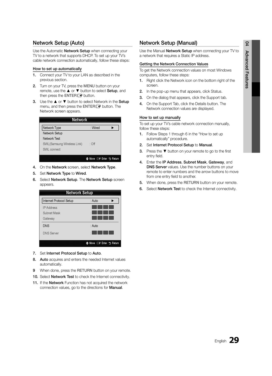 Samsung UE46C6820USXZF manual Network Setup Auto, Network Setup Manual, Network Type Wired Network Setup Network Test 