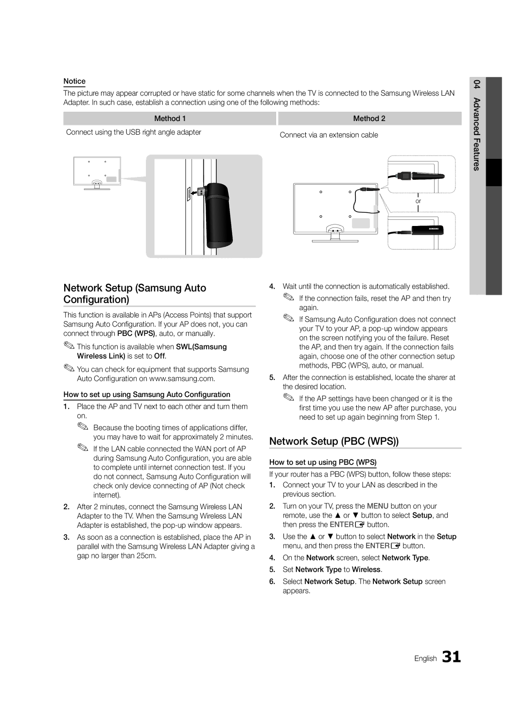 Samsung UE37C6820USXZG manual Network Setup Samsung Auto Configuration, Network Setup PBC WPS, Again, Desired location 