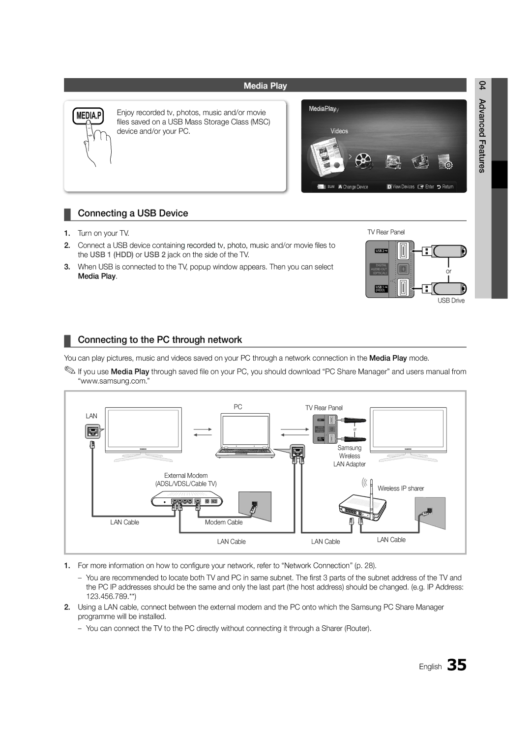 Samsung UE40C6820USXZG Connecting a USB Device, Connecting to the PC through network, Media Play, Device and/or your PC 