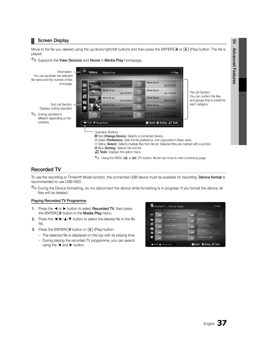 Samsung UE32C6800USXZG, UE37C6800USXZG Screen Display, Features, Sorting standard is different depending on the contents 