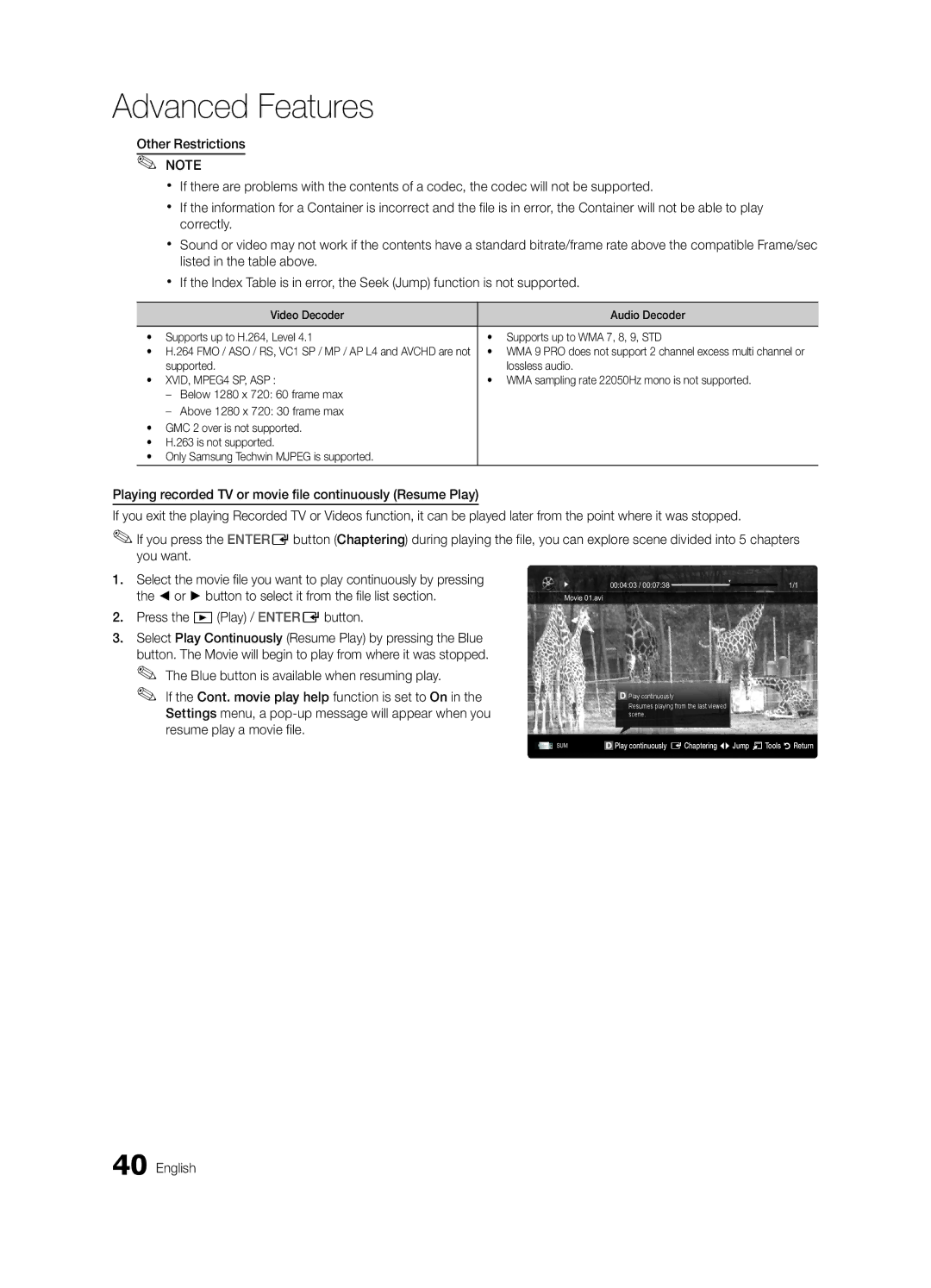 Samsung UE37C6800USXZG, UE37C6820USXZG manual Supported Lossless audio, WMA sampling rate 22050Hz mono is not supported 