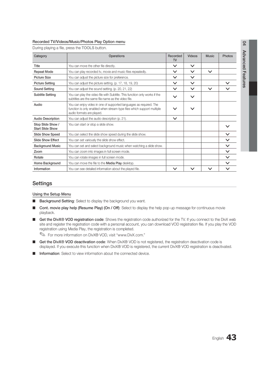 Samsung UE46C6820USXZG, UE37C6800USXZG Settings, Recorded TV/Videos/Music/Photos Play Option menu, Press the Tools button 