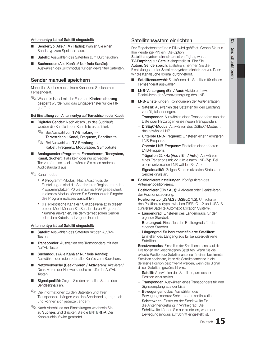 Samsung UE32C6800USXZG, UE37C6800USXZG manual Sender manuell speichern, Satellitensystem einrichten, Deutsch Grundfunktionen 