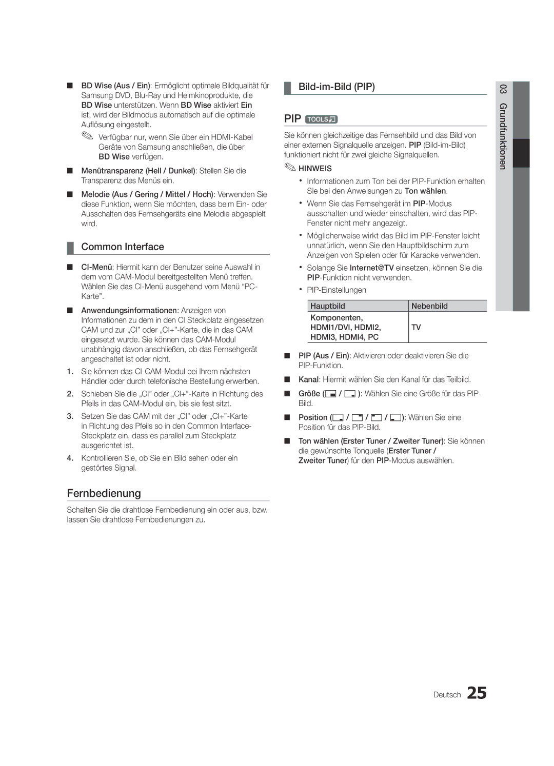 Samsung UE32C6800USXZG, UE37C6800USXZG, UE37C6820USXZG, UE32C6820USXZG, UE46C6820USXZG manual Fernbedienung, Bild-im-Bild PIP 