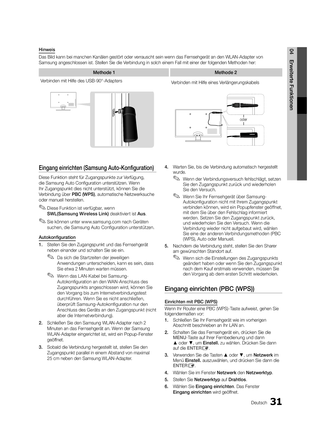 Samsung UE46C6820USXZG, UE37C6800USXZG manual Eingang einrichten PBC WPS, Eingang einrichten Samsung Auto-Konfiguration 