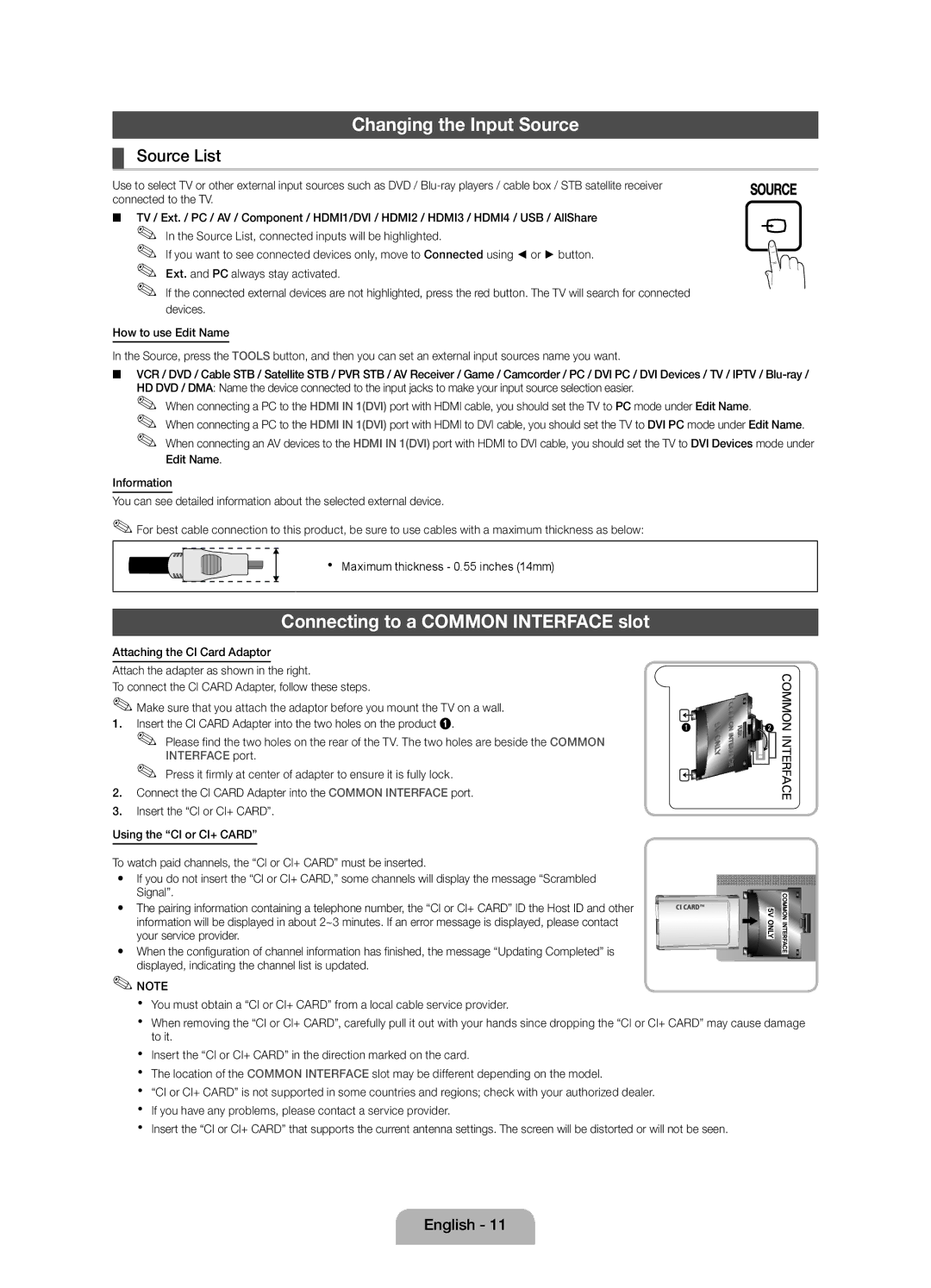 Samsung UE32D5000PWXZF, UE37D5000PWXZF manual Changing the Input Source, Connecting to a Common Interface slot, Source List 