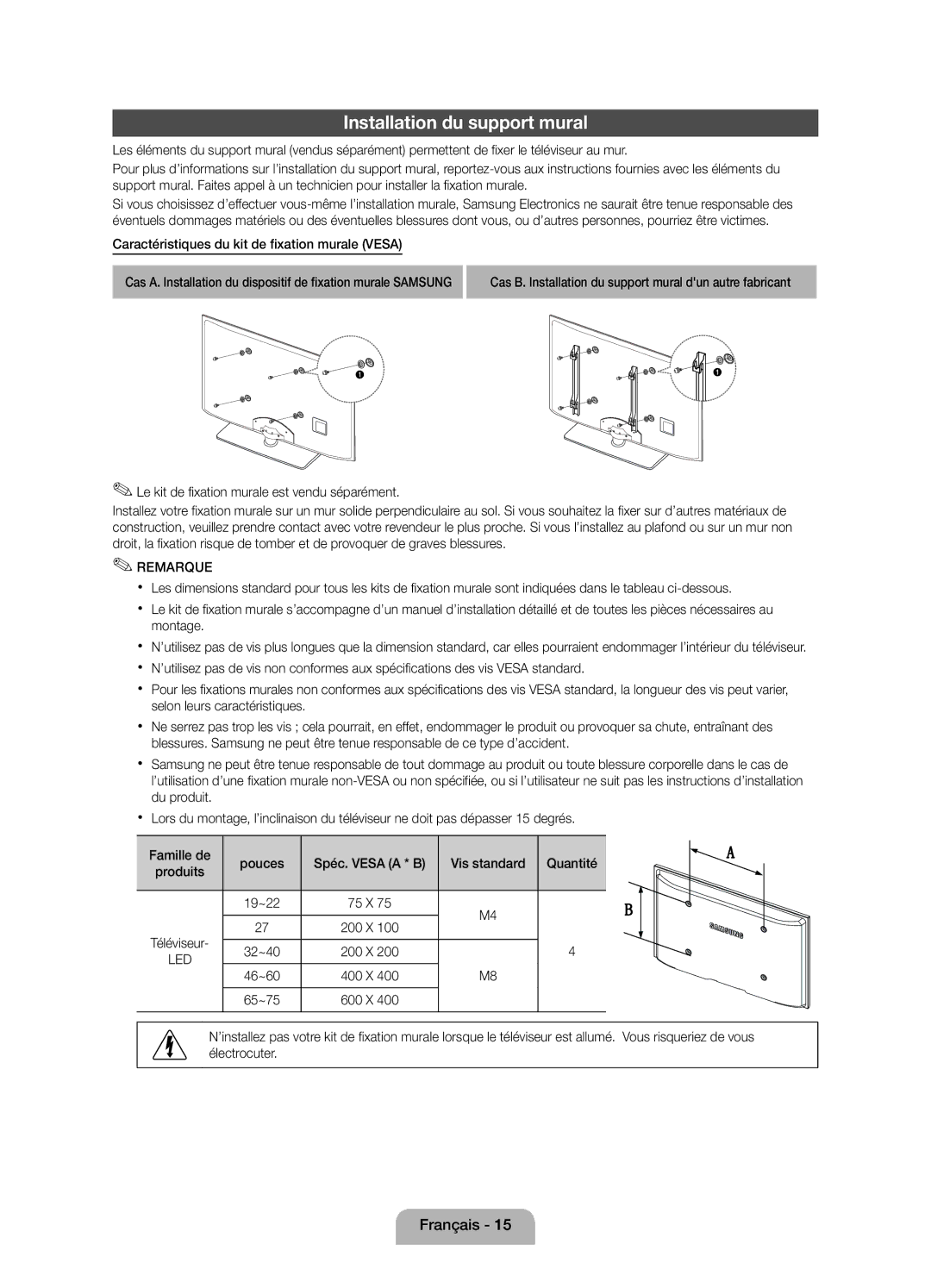 Samsung UE40D5000PWXZF manual Installation du support mural, Caractéristiques du kit de fixation murale Vesa, 19~22 75 X 