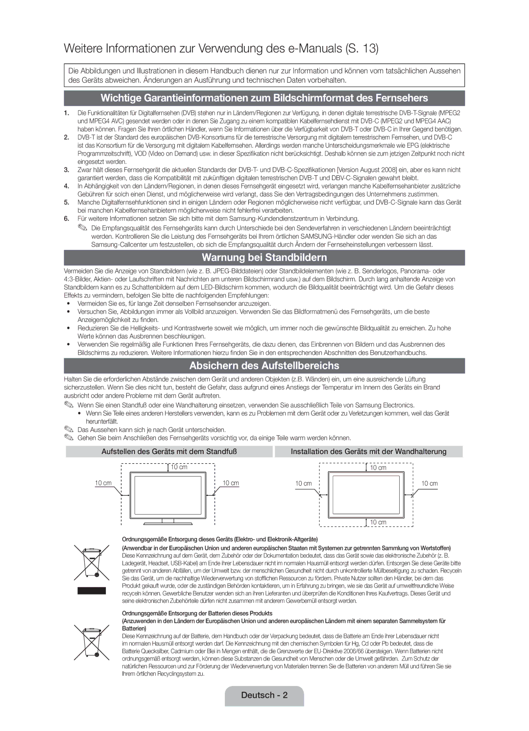 Samsung UE40D5000PWXZF, UE37D5000PWXZF, UE32D5000PWXZF manual Warnung bei Standbildern, Absichern des Aufstellbereichs 