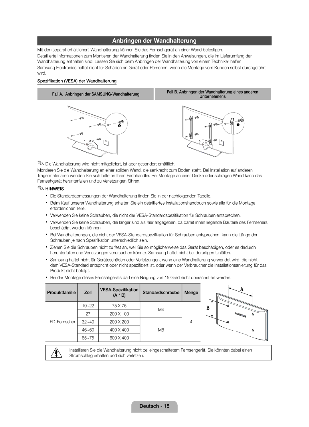 Samsung UE32D5000PWXZF, UE37D5000PWXZF, UE46D5000PWXZF, UE40D5000PWXZF manual Anbringen der Wandhalterung, 19~22 75 X 200 X 