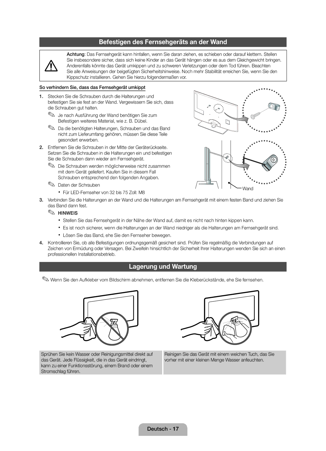 Samsung UE40D5000PWXZF manual Befestigen des Fernsehgeräts an der Wand, Lagerung und Wartung, Die Schrauben gut halten 