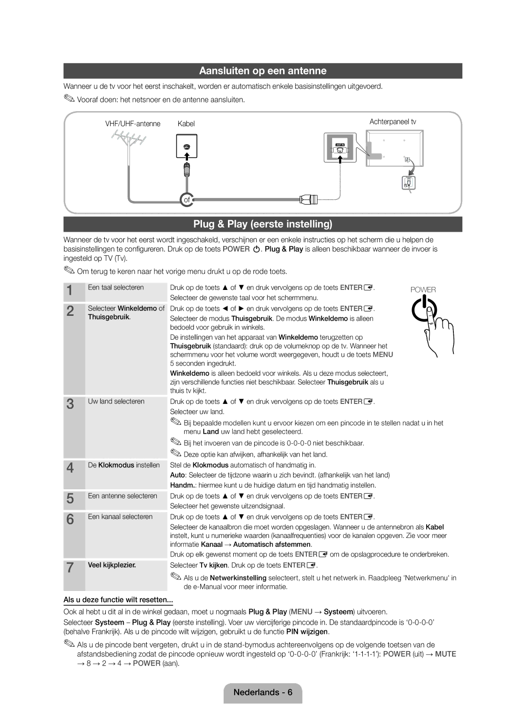 Samsung UE37D5000PWXZF, UE32D5000PWXZF Aansluiten op een antenne, Plug & Play eerste instelling, → 8 → 2 → 4 → Power aan 