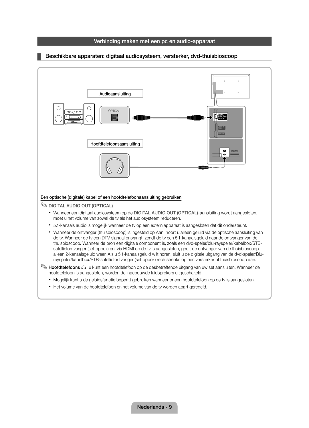 Samsung UE40D5000PWXZF, UE37D5000PWXZF, UE32D5000PWXZF manual Verbinding maken met een pc en audio-apparaat, Audioaansluiting 