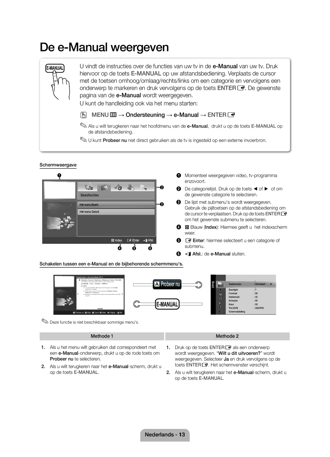 Samsung UE46D5000PWXZF manual Pagina van de e-Manual wordt weergegeven, Deze functie is niet beschikbaar sommige menus 