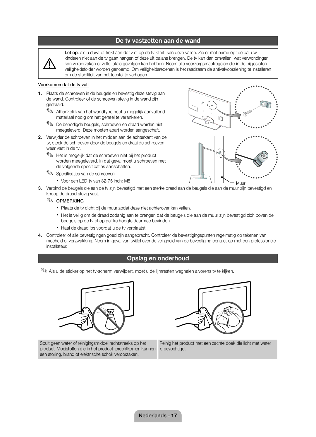 Samsung UE32D5000PWXZF, UE37D5000PWXZF, UE46D5000PWXZF manual De tv vastzetten aan de wand, Opslag en onderhoud, Muur 