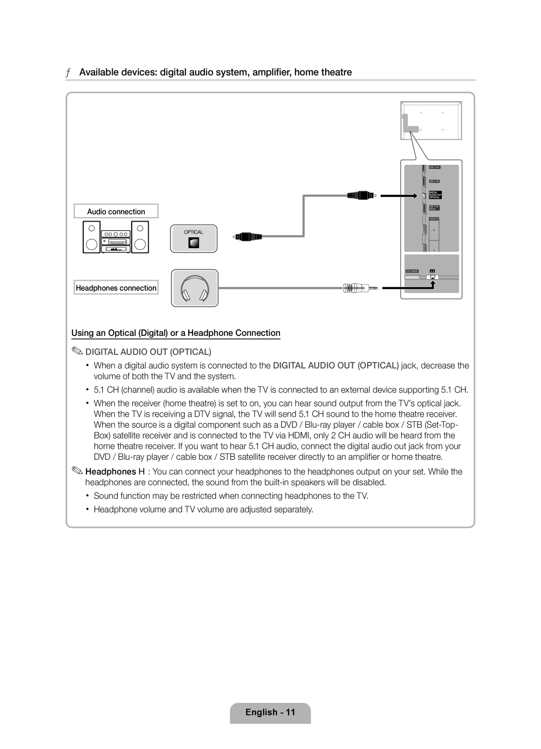 Samsung UE46D6100SWXRU, UE37D6100SWXRU manual Using an Optical Digital or a Headphone Connection, Digital Audio OUT Optical 