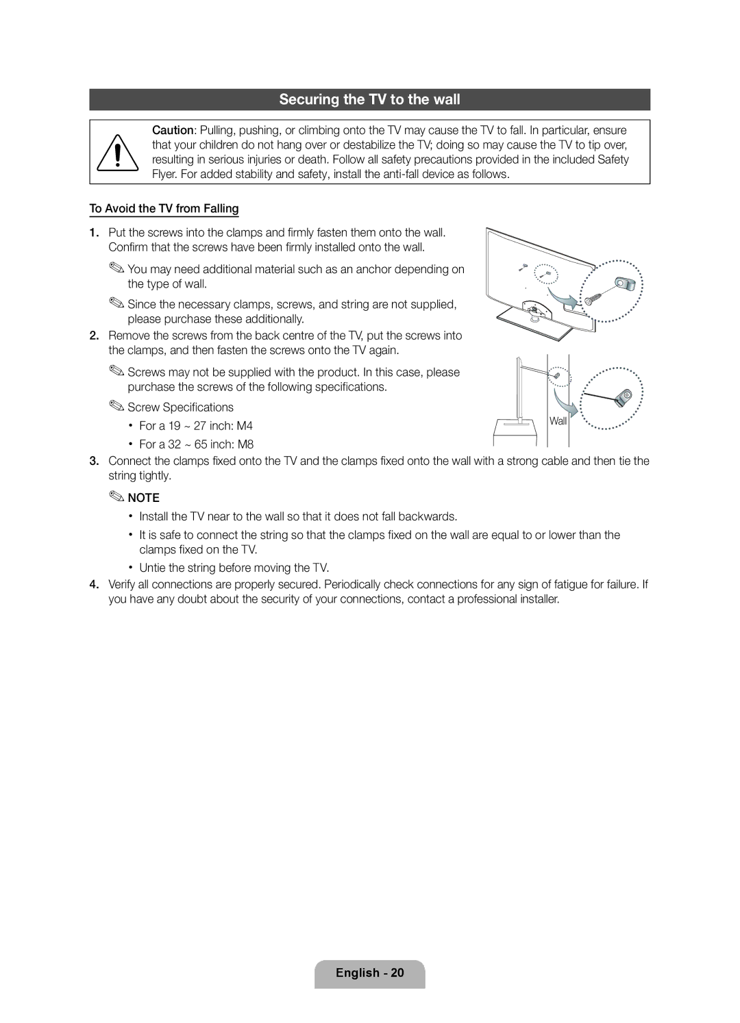 Samsung UE37D6100SWXRU, UE46D6100SWXRU, UE55D6100SWXRU manual Securing the TV to the wall, To Avoid the TV from Falling 