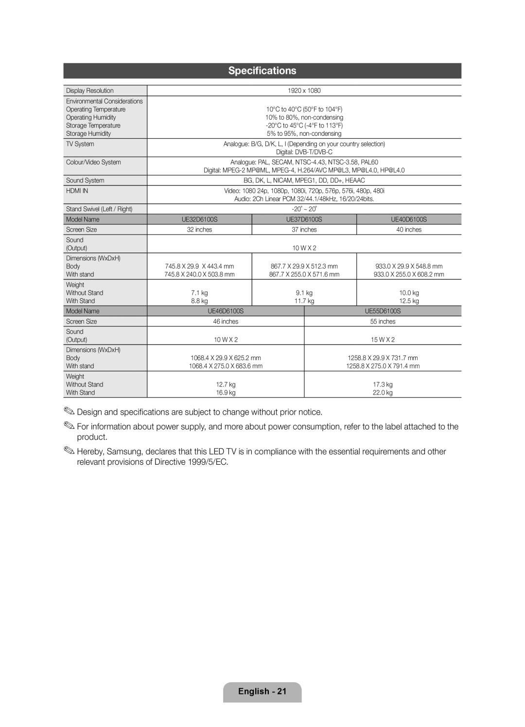 Samsung UE46D6100SWXRU, UE37D6100SWXRU, UE55D6100SWXRU, UE40D6100SWXRU, UE32D6100SWXRU manual Specifications 