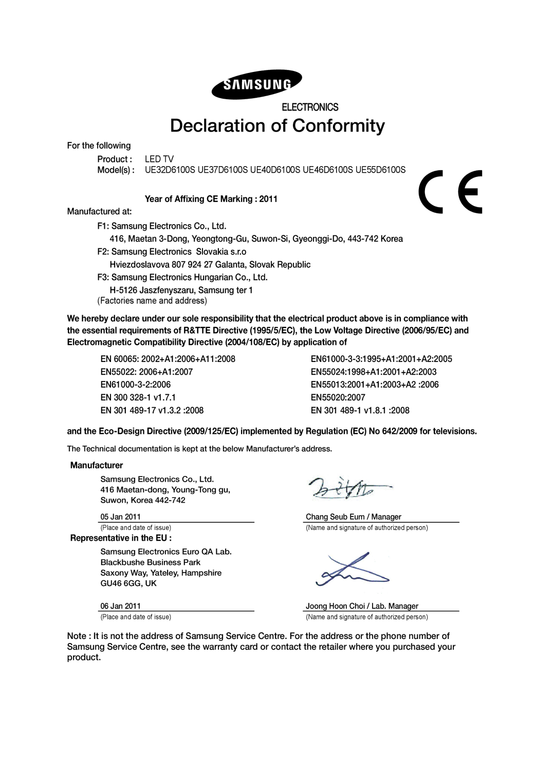 Samsung UE55D6100SWXRU, UE37D6100SWXRU, UE46D6100SWXRU Year of Affixing CE Marking, Manufacturer, Representative in the EU 
