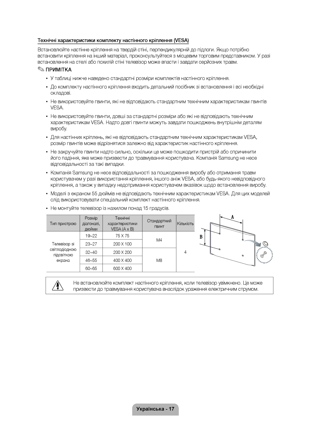 Samsung UE32D6100SWXRU, UE37D6100SWXRU, UE46D6100SWXRU manual Технічні характеристики комплекту настінного кріплення Vesa 