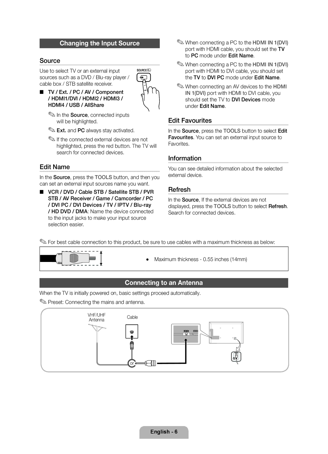 Samsung UE46D6100SWXRU manual Changing the Input Source, Connecting to an Antenna, Use to select TV or an external input 