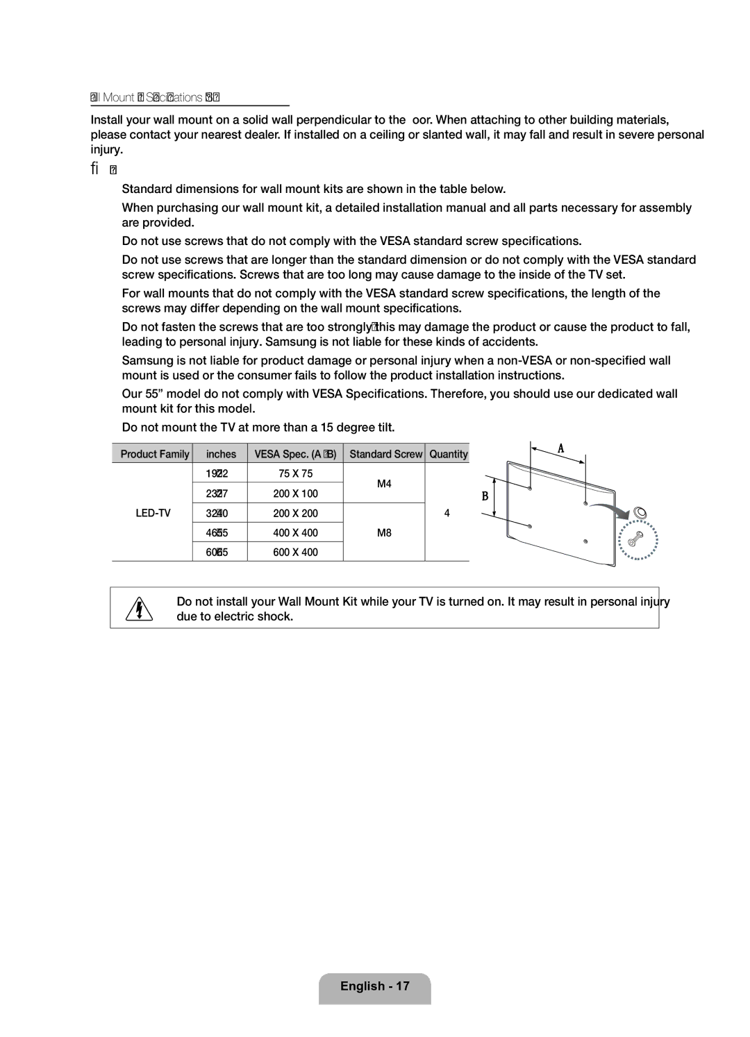 Samsung UE32D6200TSXZF, UE37D6200TSXZF manual Vesa Spec. a * B Standard Screw Quantity, 75 X, 200 X, 400 X, 600 X 