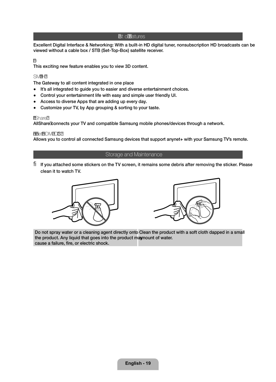 Samsung UE32D6200TSXZF, UE37D6200TSXZF manual List of Features, Storage and Maintenance 