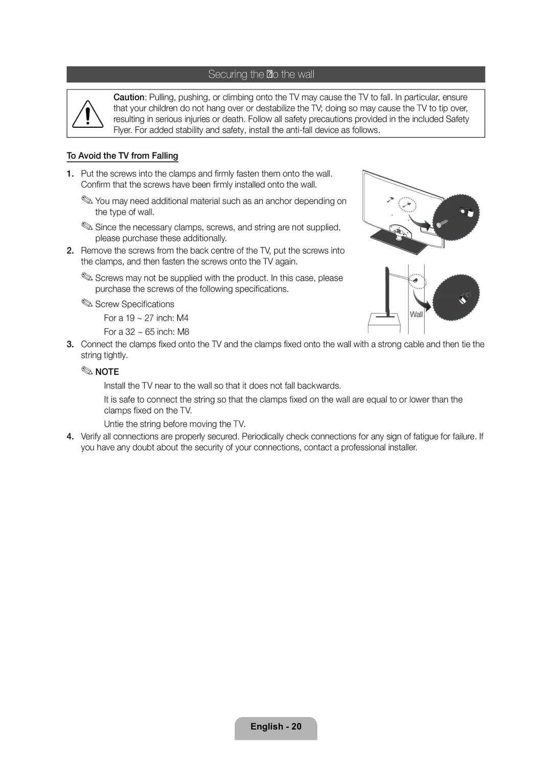 Samsung UE37D6200TSXZF, UE32D6200TSXZF manual Securing the TV to the wall 