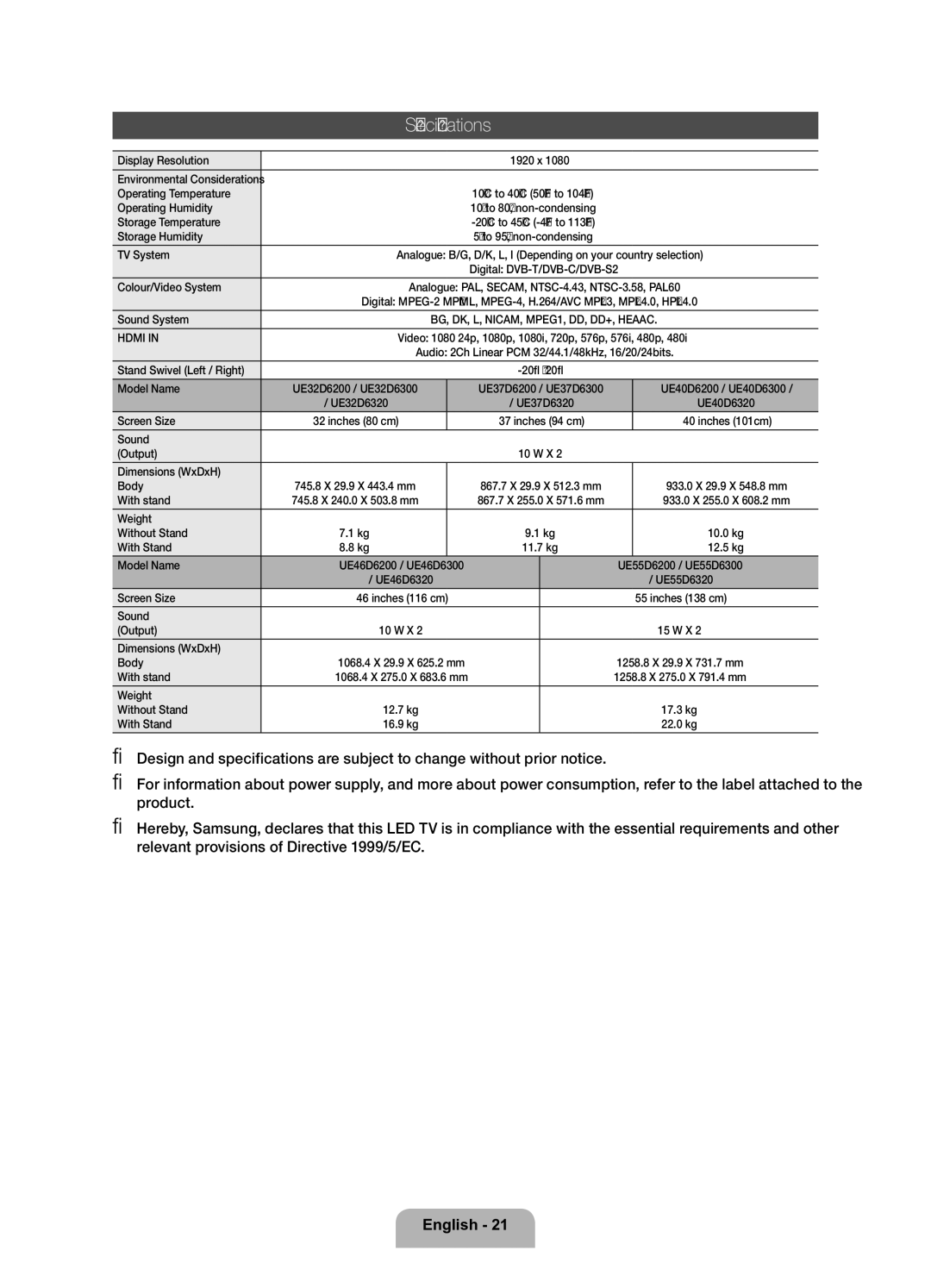 Samsung UE32D6200TSXZF, UE37D6200TSXZF manual Specifications 