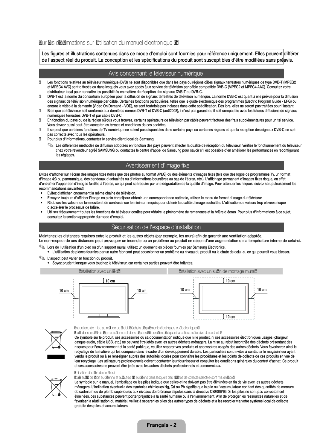 Samsung UE37D6200TSXZF, UE32D6200TSXZF manual Avis concernant le téléviseur numérique, Avertissement dimage fixe 