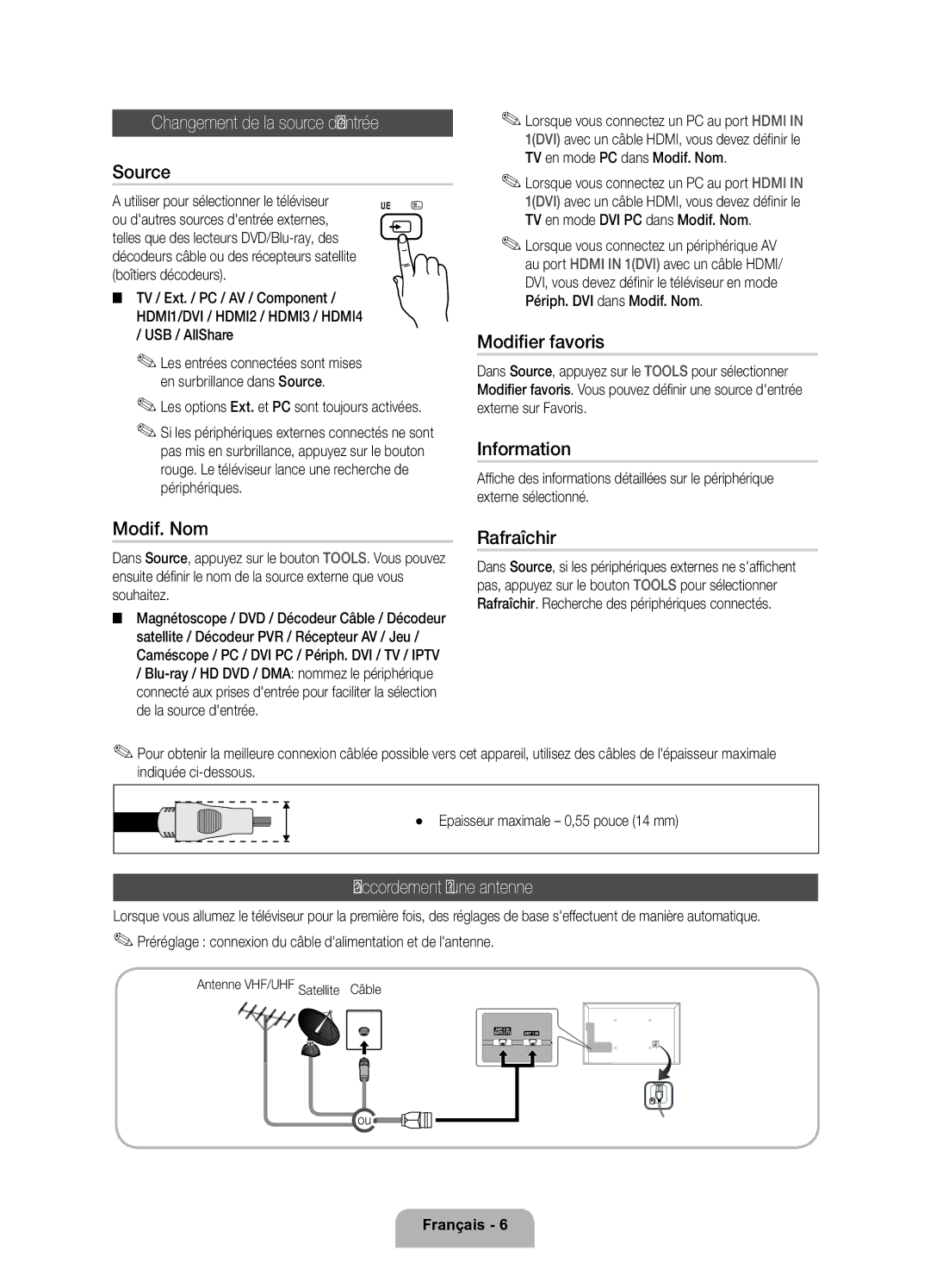 Samsung UE37D6200TSXZF, UE32D6200TSXZF manual Changement de la source dentrée, Modifier favoris, Modif. Nom, Rafraîchir 