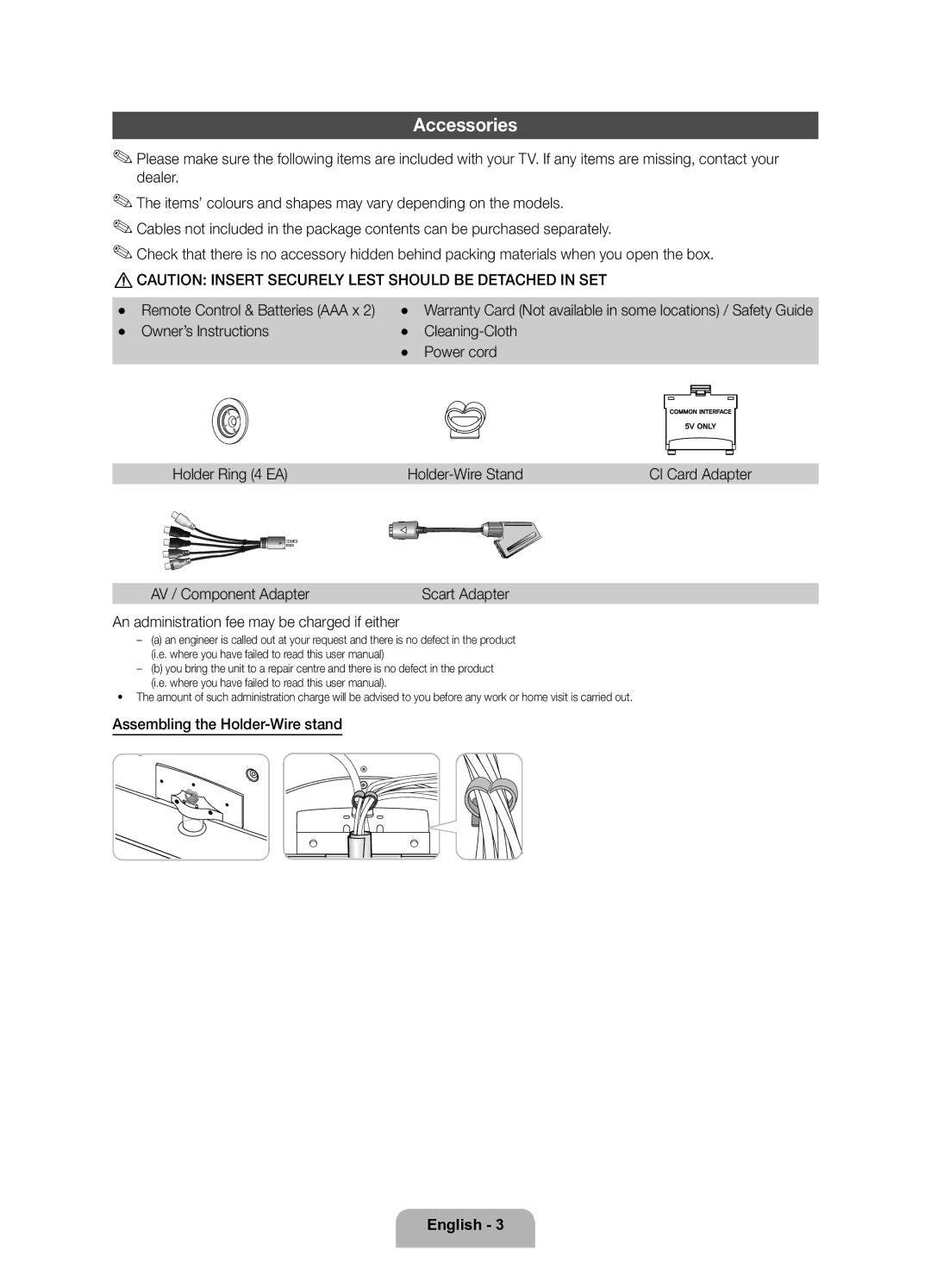 Samsung UE32D6200TSXZF, UE37D6200TSXZF manual Accessories, AV / Component Adapter, Assembling the Holder-Wire stand 